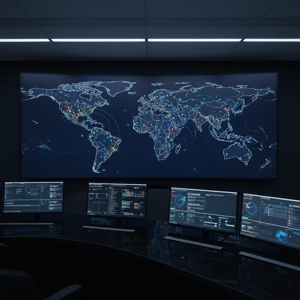 A large, curved, high-resolution digital world map dominating a dark, minimalist control-room wall, each continent outlined in crisp white lines over deep navy blue oceans. Dozens of tiny, softly glowing points of light pulse in different colors, suggesting data streams and breaking stories across the globe. Beneath the map, a long glossy black console holds multiple widescreen monitors showing out-of-focus charts, timelines, and abstract headlines. Cool overhead LED panels cast even, low-key lighting that creates subtle reflections on the polished surfaces. Captured from a slightly elevated angle with a wide field of view, everything is in sharp focus. The atmosphere feels analytical, data-driven, and highly professional, underscoring real-time global news monitoring in a clean, photographic realism style.