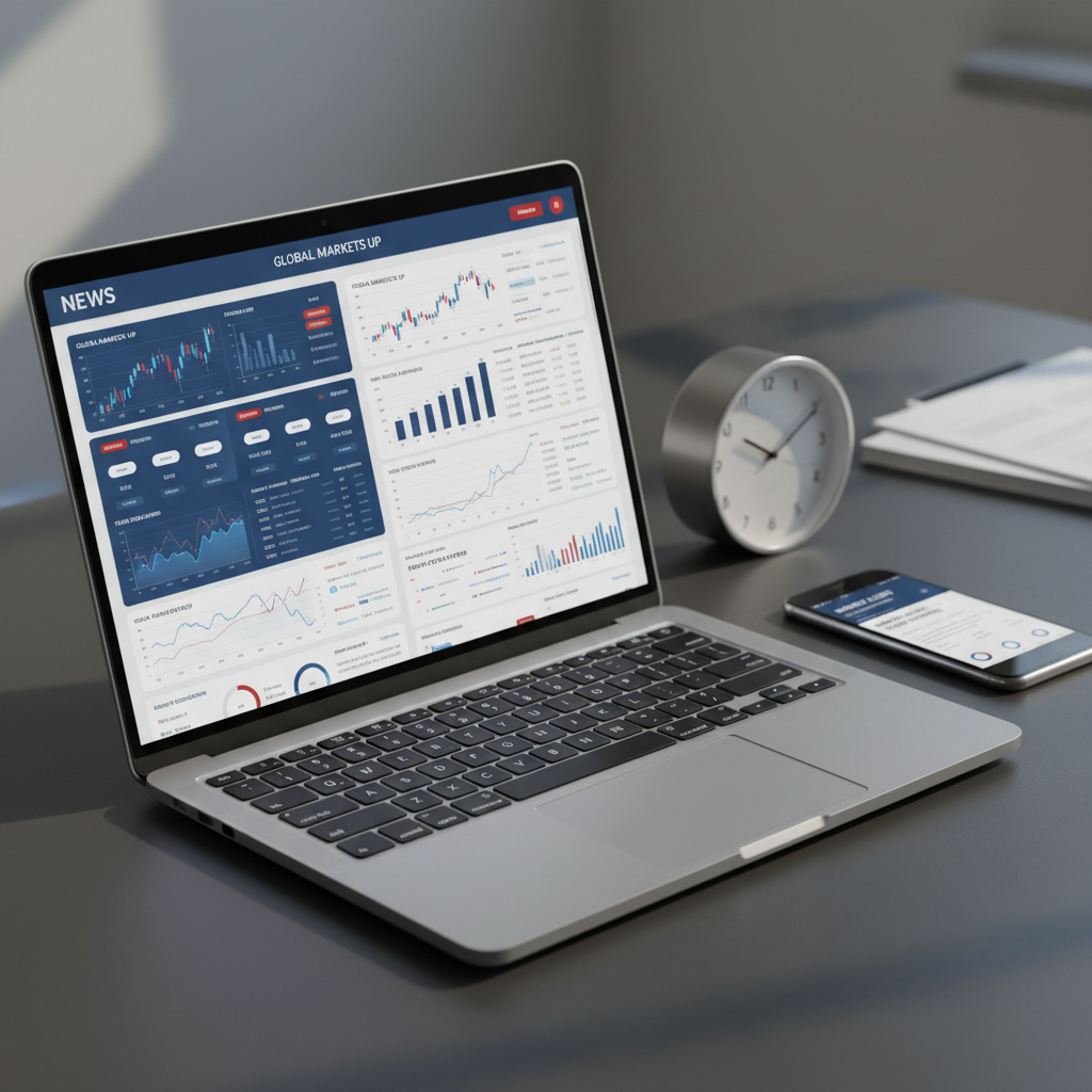 A close-up of a slim, brushed-metal laptop resting on a dark, matte desk surface, its screen filled with a sophisticated news dashboard interface featuring graphs, trend lines, and anonymous headline blocks rendered in blue, white, and muted red tones. Beside it, a smartphone displays a synchronized, simplified news alert view. A minimalistic, silver desk clock and a thin stack of neatly arranged documents complete the composition. Soft, diffused early-morning light from an unseen window strikes from the left, creating gentle shadows and subtle highlights along the laptop edges. Shot from a slightly elevated three-quarter angle with shallow depth of field, the laptop screen remains in crisp focus while the background falls into a tasteful blur. The mood is focused, efficient, and forward-looking, conveying staying informed and ahead through technology in a clean photographic style.